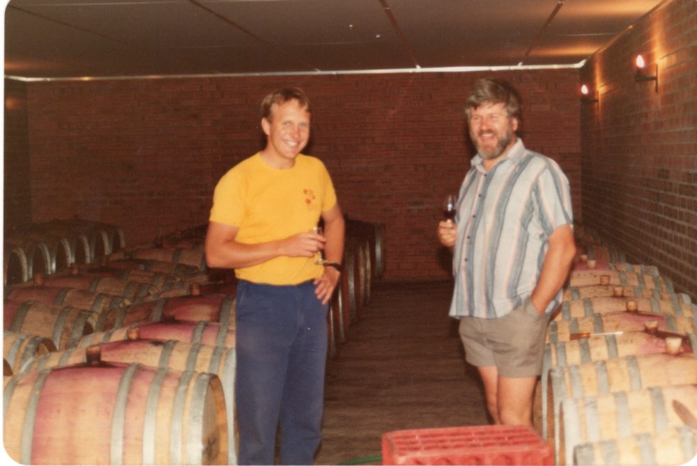 Keith and Gill Thomas 1986 in cask cellar Keith Mugford & Gill Thomas - Degusting Wine in 1986