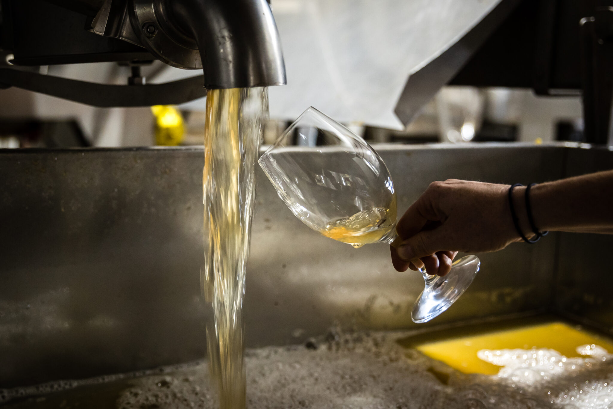 A glass ready to catch wine being poured during the wine-making process