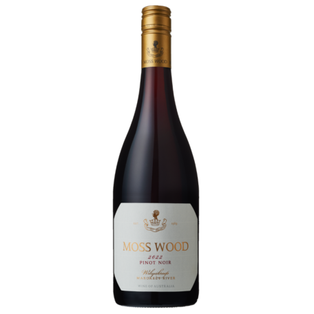 Moss Wood Pinot Noir 2022 Bottle on white background.