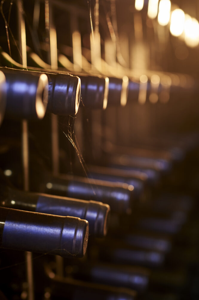 Moss Wood Ribbon Vale Merlot bottles in the cellar