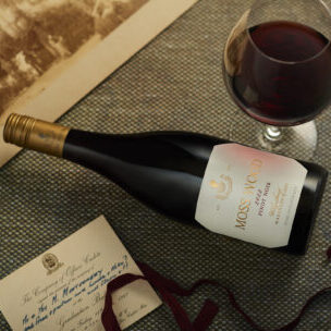 Moss Wood Pinot Noir bottle image with atmospheric background.